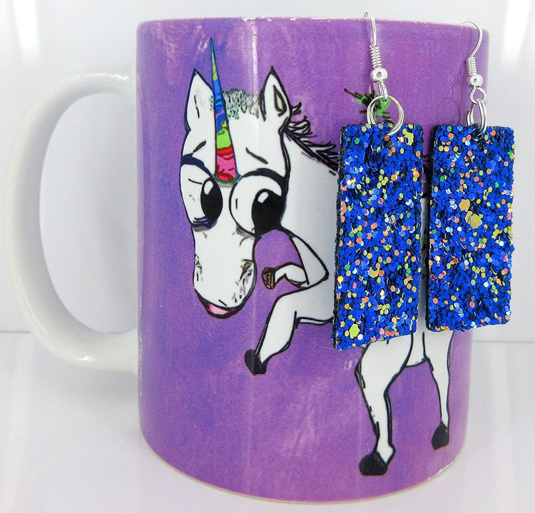 Blue with Pink and Black Glitter Faux Leather Large Rectangle Dangle Earrings