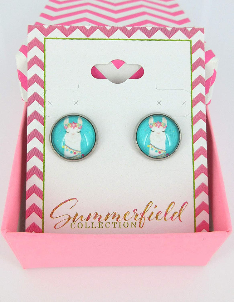 Stainless Steel Teal Llama Head Print Glass Stud Earrings 12mm