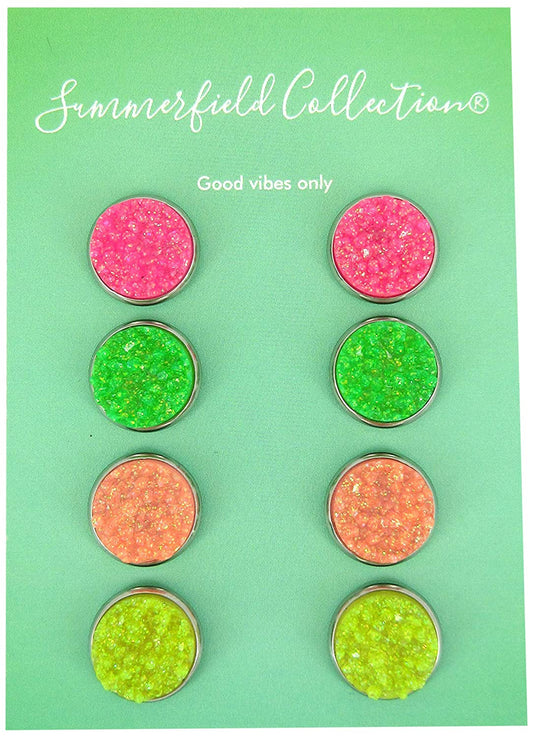 Stainless Steel Neon Pink Orange Yellow Green Faux Druzy Glitter Stone Stud Earrings Set (12mm)