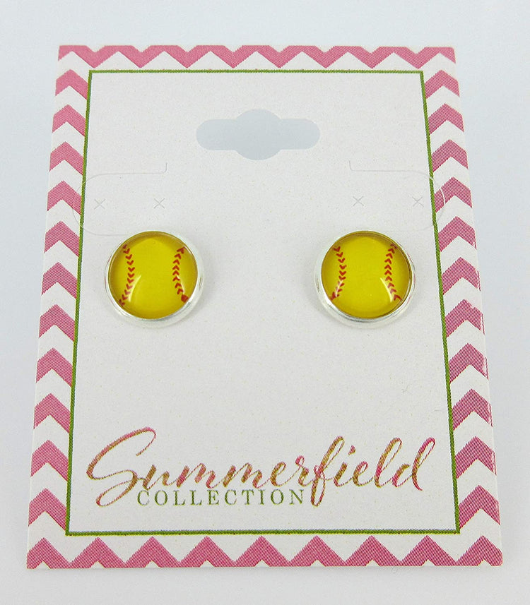 Silver-tone Yellow Softball Print Glass Stud Earrings 10mm