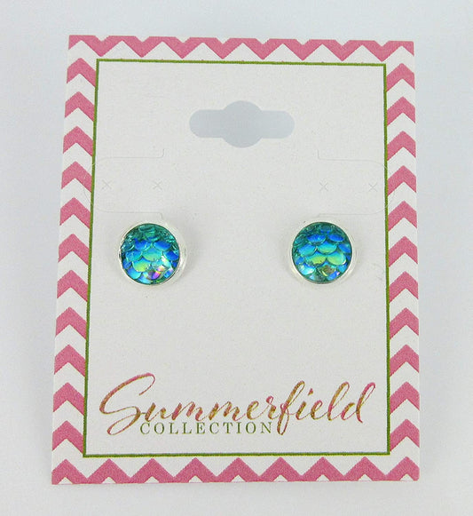 Silver-tone Aqua Blue Green Metallic Mermaid Scale Stud Earrings 8mm