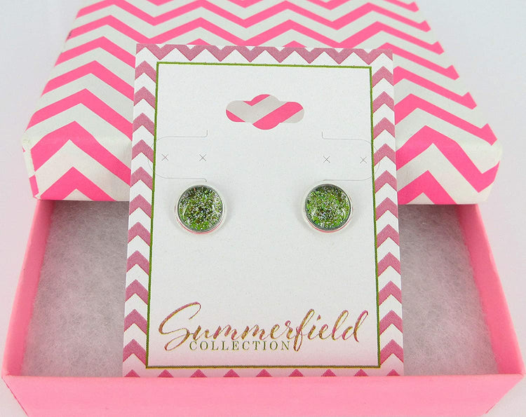 Silver-tone Green Glitter Glass Stud Earrings Hand-painted 8mm