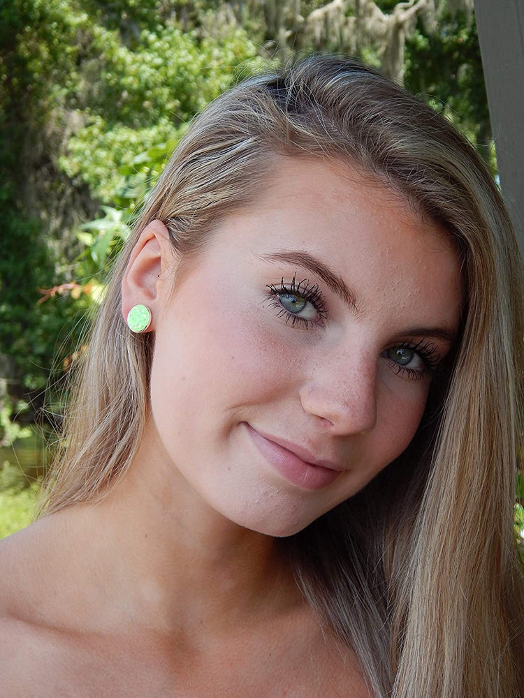 Silver-tone Lime Green AB Faux Druzy Stone Stud Earrings 12mm