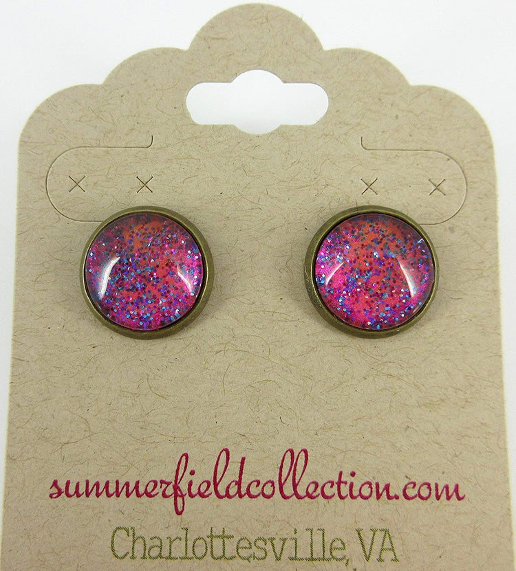 Antiqued Gold-tone Hot Pink and Blue Glitter Glass Stud Earrings Hand-painted 12mm