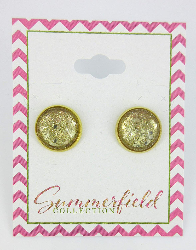 Gold-tone Glitter Glass Stud Earrings Hand-painted 12mm