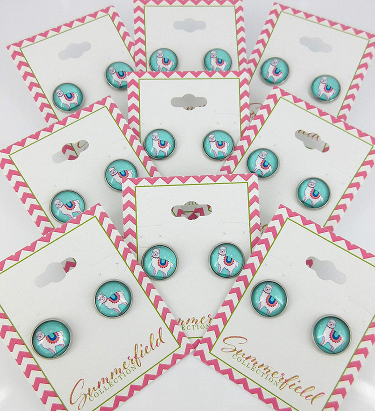 Stainless Steel Teal Llama Print Glass Stud Earrings 12mm