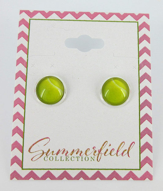 Silver-tone Tennis Ball Print Glass Stud Earrings 10mm