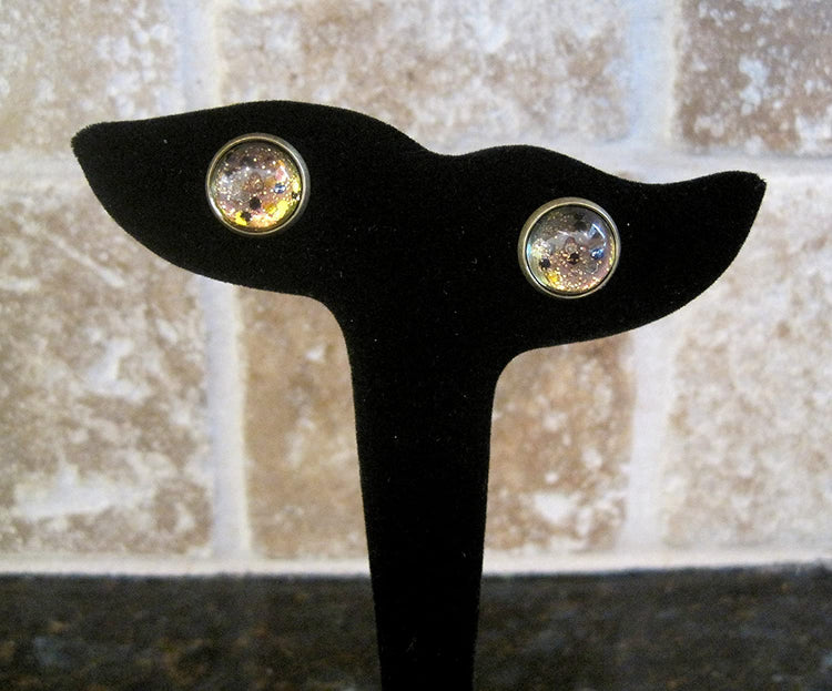 Antiqued Gold-tone Black and Silver Glitter Glass Stud Earrings Hand-painted 12mm