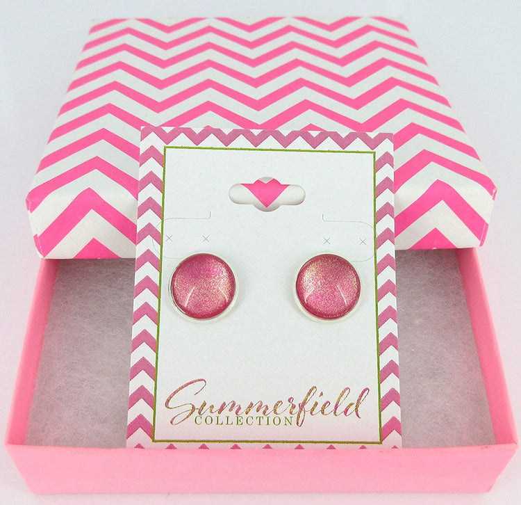 Silver-tone Pink and Gold Shimmer Glitter Glass Stud Earrings Hand-painted 12mm