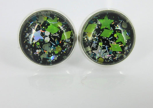 Silver-tone Trio Stud Earrings Neon Green Black Glitter Glass Gunmetal Clear Faux Druzy Stone Set