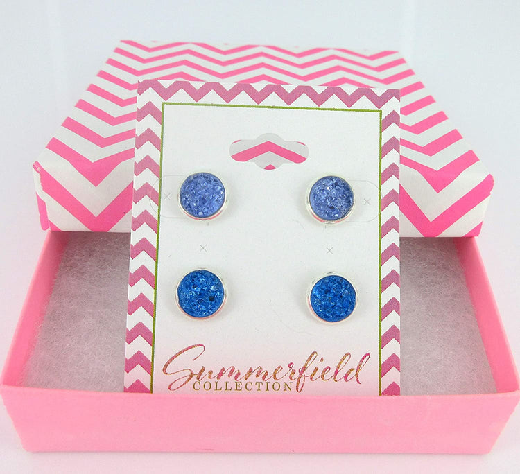 Duo Silver-tone Rainy Day Blues Faux Druzy Stone Stud Earrings 8mm Set
