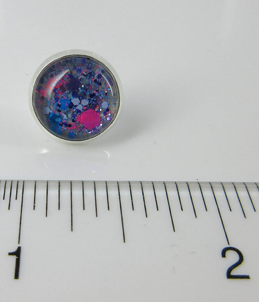 Silver-tone Gray Neon Pink Aqua Blue and Purple Glitter Glass Stud Earrings Hand-painted 12mm