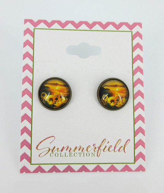 Antiqued Gold-tone Sunset Sunflower Print Glass Stud Earrings 12mm