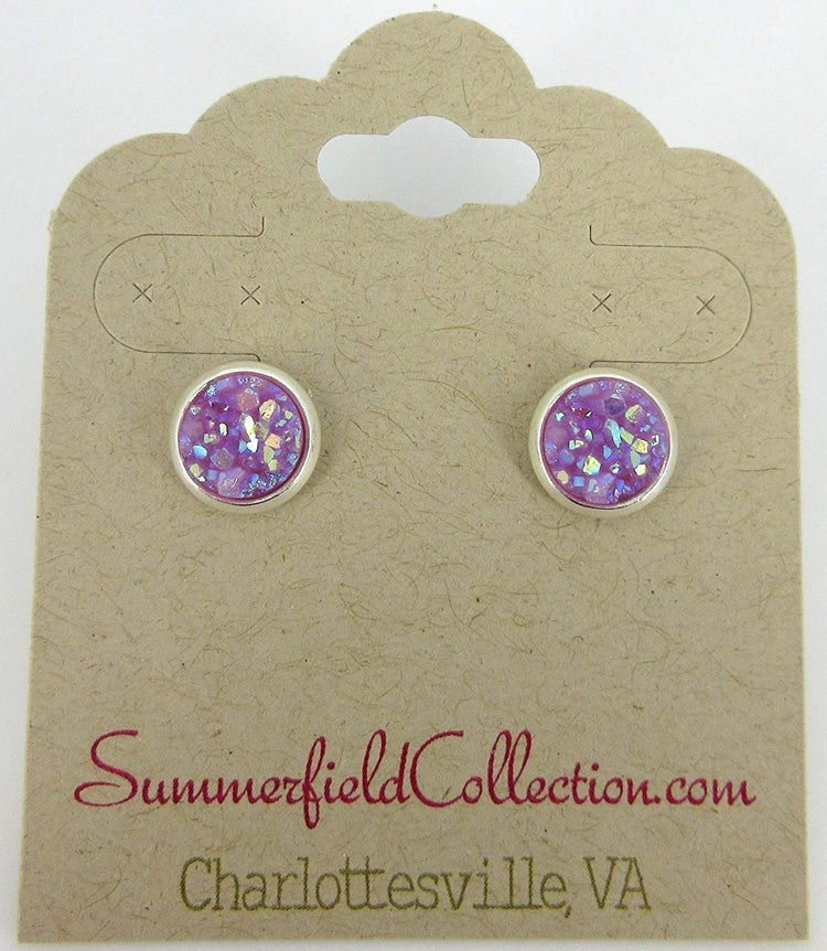Silver-tone Lavender Purple AB Faux Druzy Stone Stud Earrings 8mm