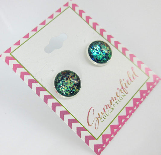 Silver-tone Mermaid Tail Glitter Glass Stud Earrings Hand-painted 12mm