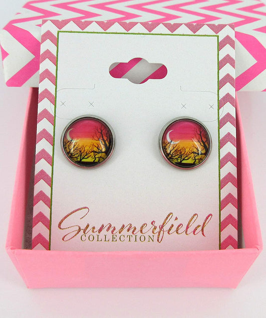 Stainless Steel Winter Sunset Print Glass Stud Earrings 12mm