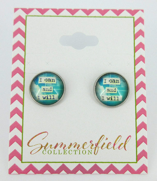 Stainless Steel I Can and I Will Print Glass Stud Earrings 12mm Blue