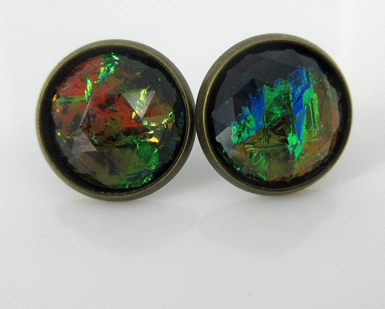 Antiqued Gold-tone Black Faceted Resin Opalescent Stud Earrings 12mm