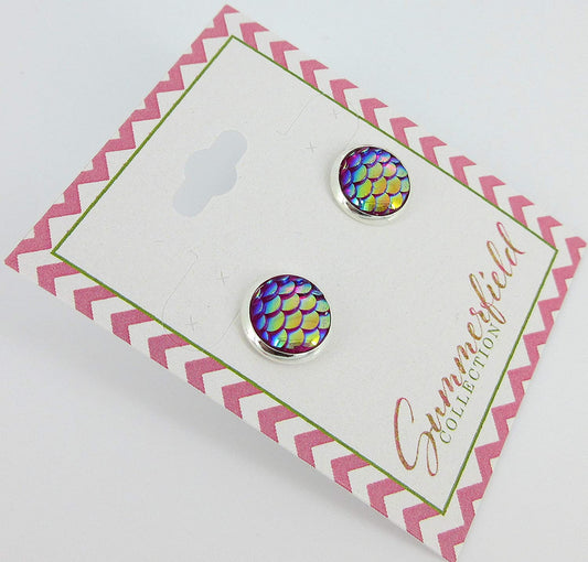Silver-tone Pink Purple Metallic Mermaid Scale Stud Earrings 10mm