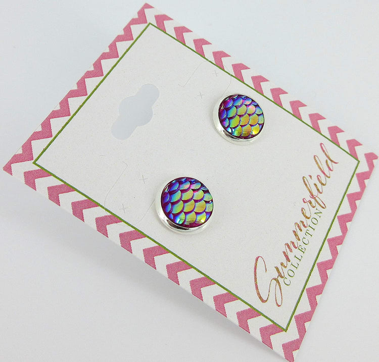 Silver-tone Pink Purple Metallic Mermaid Scale Stud Earrings 10mm