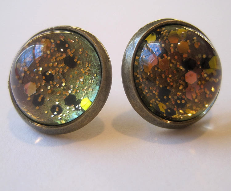 Antiqued Gold-tone Black and Silver Glitter Glass Stud Earrings Hand-painted 12mm