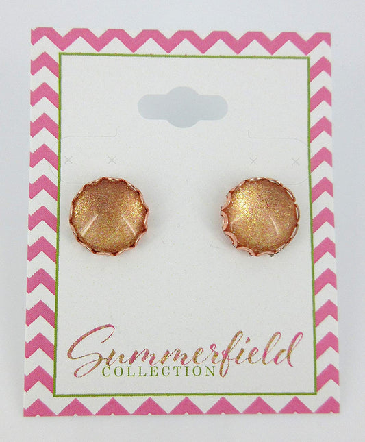 Rose Gold-tone Copper Shimmer Glitter Glass Stud Earrings 12mm Hand-painted