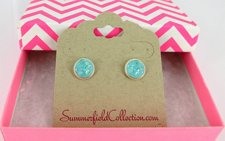 Silver-tone Pastel AB Faux Druzy Stone Stud Earrings 8mm (Aqua Blue)