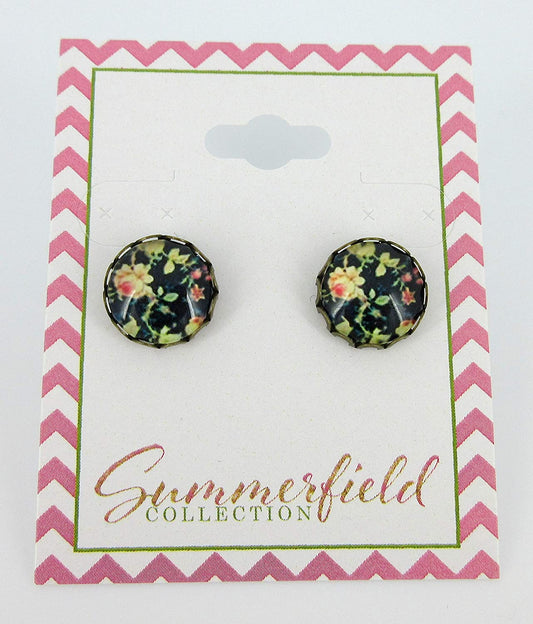 Antiqued Gold-tone Black and Pink Flower Print Glass Stud Earrings 12mm