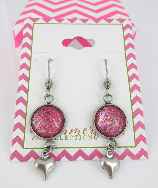 Stainless Steel Pink and Iridescent Glitter Flake Glass Heart Charm Dangle Earrings