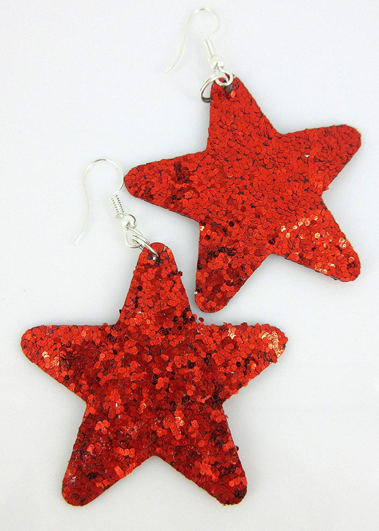 Red Glitter Faux Leather Large Star Dangle Earrings