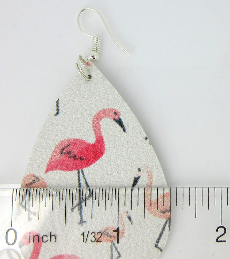 White and Pink Flamingo Faux Leather Large Teardrop Dangle Earrings