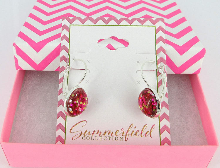 Silver-tone Metallic Glitter Resin Lever-back Drop Earrings 12mm (Pink)