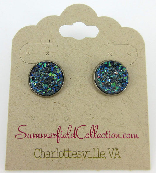 Hematite-tone Gray Green Blue AB Faux Druzy Stone Stud Earrings 12mm
