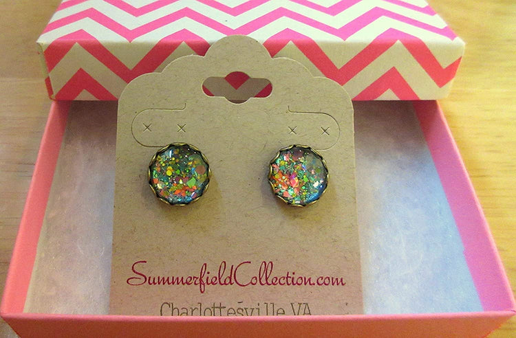 Antiqued Gold-tone Aqua Blue and Pink Glitter Glass Stud Earrings Hand-painted 12mm