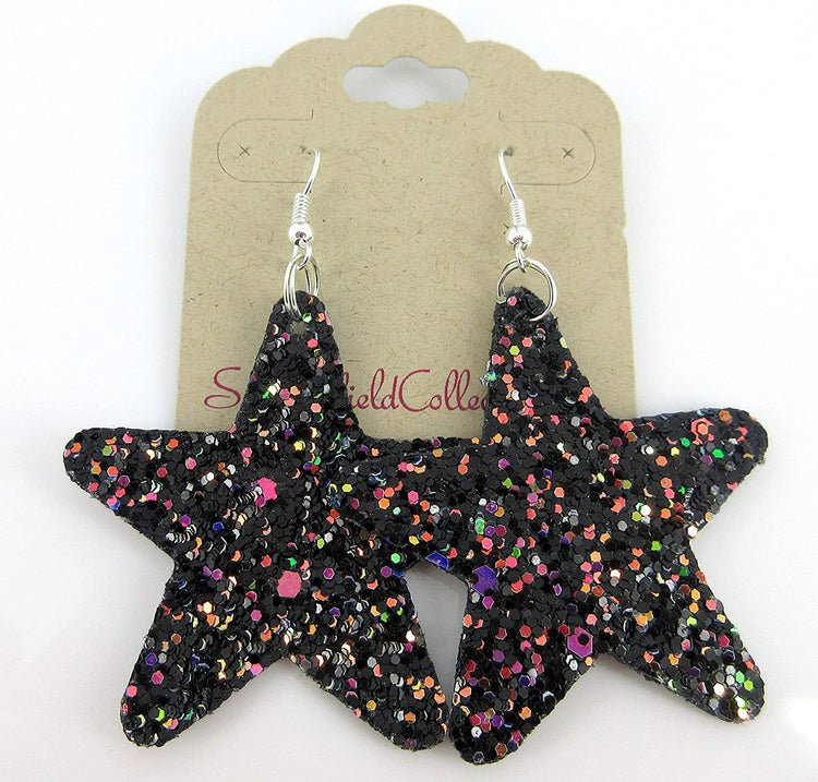 Black and Rainbow Glitter Faux Leather Large Star Dangle Earrings