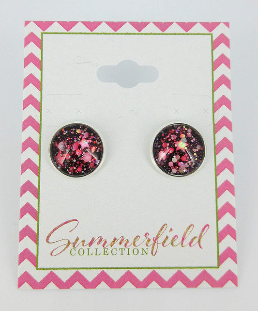 Silver-tone Stardust Glitter Glass Galaxy Stud Earrings Hand-painted 12mm