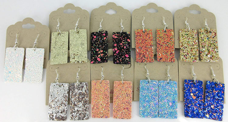 Blue with Pink and Black Glitter Faux Leather Large Rectangle Dangle Earrings