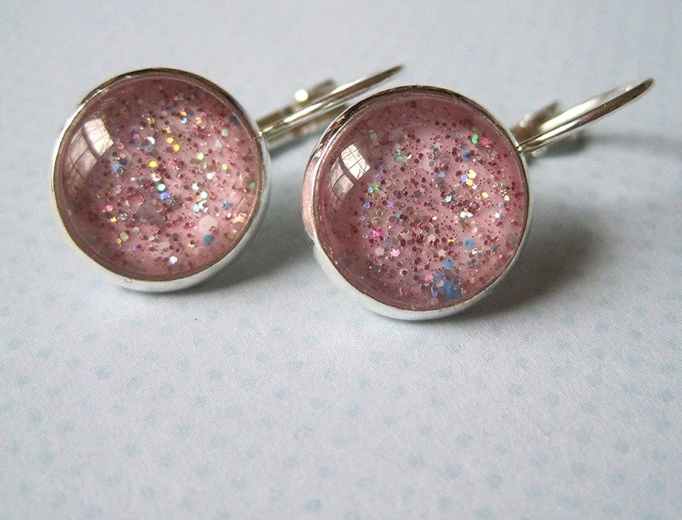 Silver-tone Pink Glitter Glass Galaxy Drop Earrings Leverback Hand-painted
