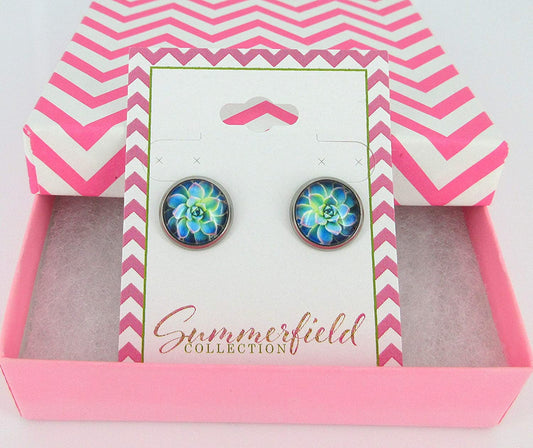 Stainless Steel Blue and Green Succulent Plant Print Glass Stud Earrings 12mm