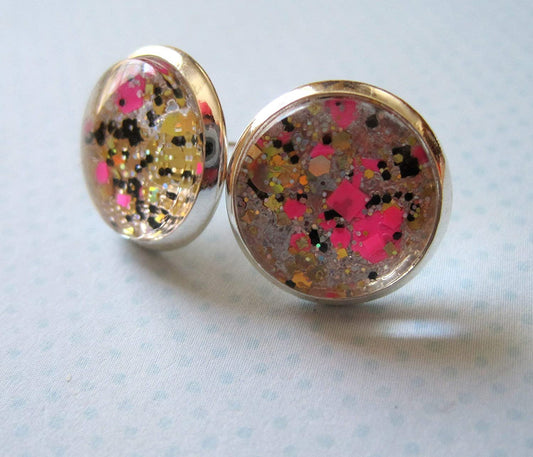 Silver-Tone Neon Pink Gold and Black Glitter Glass Stud Earrings 1/2" Round