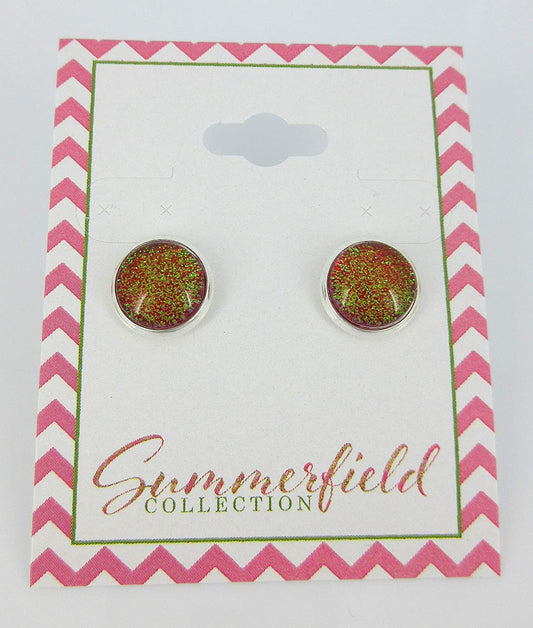 Silver-tone Red and Green Glitter Glass Stud Earrings Hand-painted 10mm
