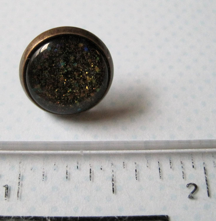 Antiqued Gold-tone Black Glitter Glass Galaxy Stud Earrings 12mm Hand-painted