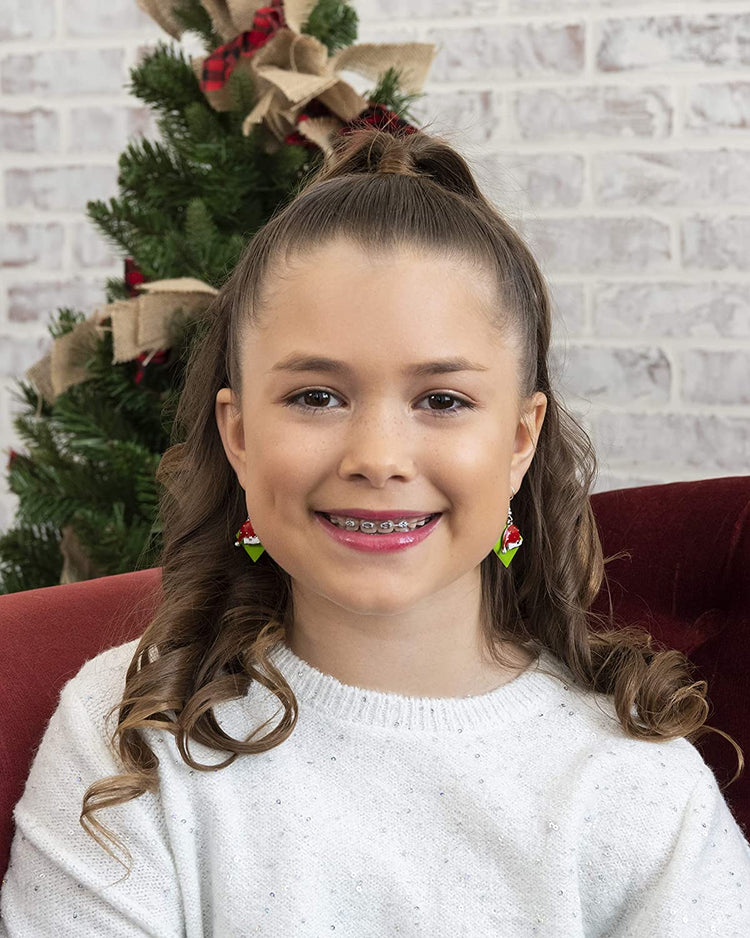 Silver-tone Green Enamel Santa Hat Charm Dangle Earrings