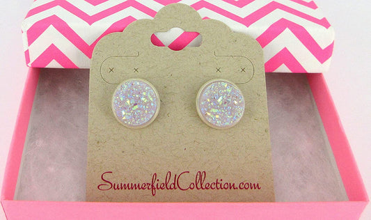 Silver-tone Lilac Purple Faux Druzy Stone Stud Earrings 12mm