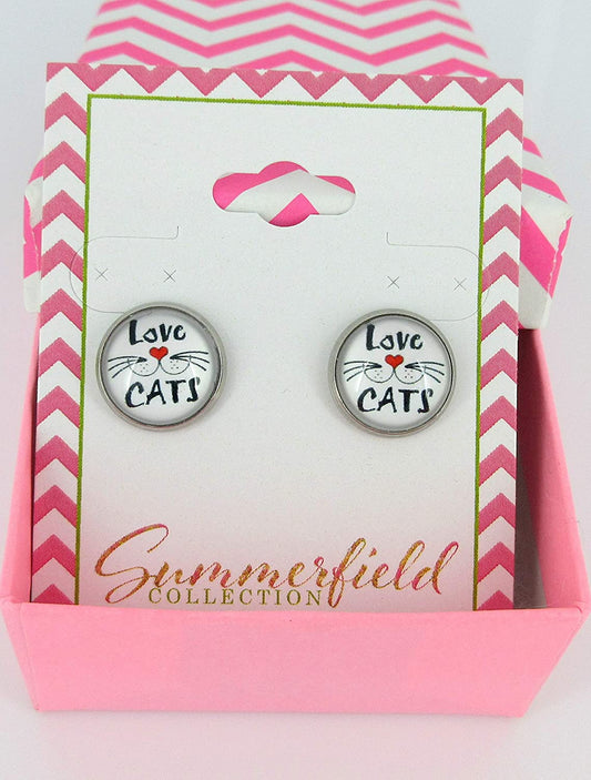 Stainless Steel Love Cats Whisker Face Print Glass Stud Earrings 12mm White Black Red