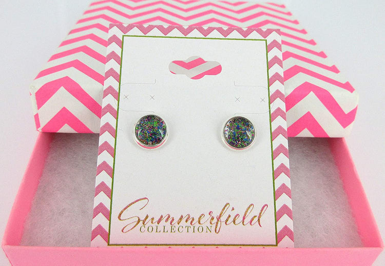Silver-tone Dark Rainbow Glitter Glass Stud Earrings Hand-painted 8mm