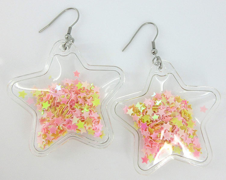 Confetti Glitter Shaker Large Star Dangle Earrings Stainless Steel (Pink/Yellow)