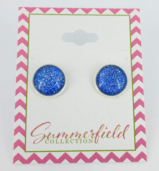 Silver-tone Cobalt Blue Holographic Glitter Glass Stud Earrings Hand-painted 12mm