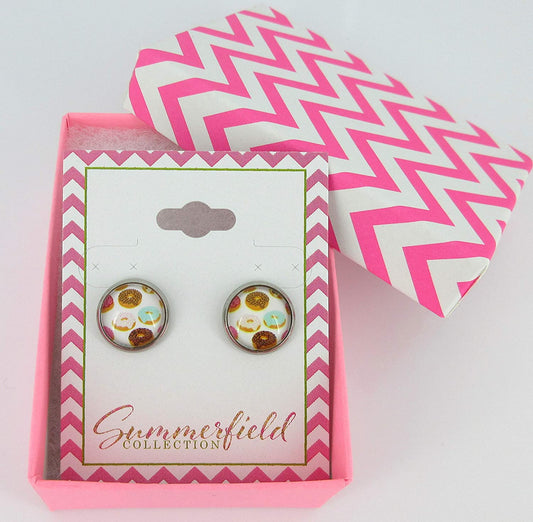 Stainless Steel Pink Blue Brown Doughnut Print Glass Stud Earrings 12mm