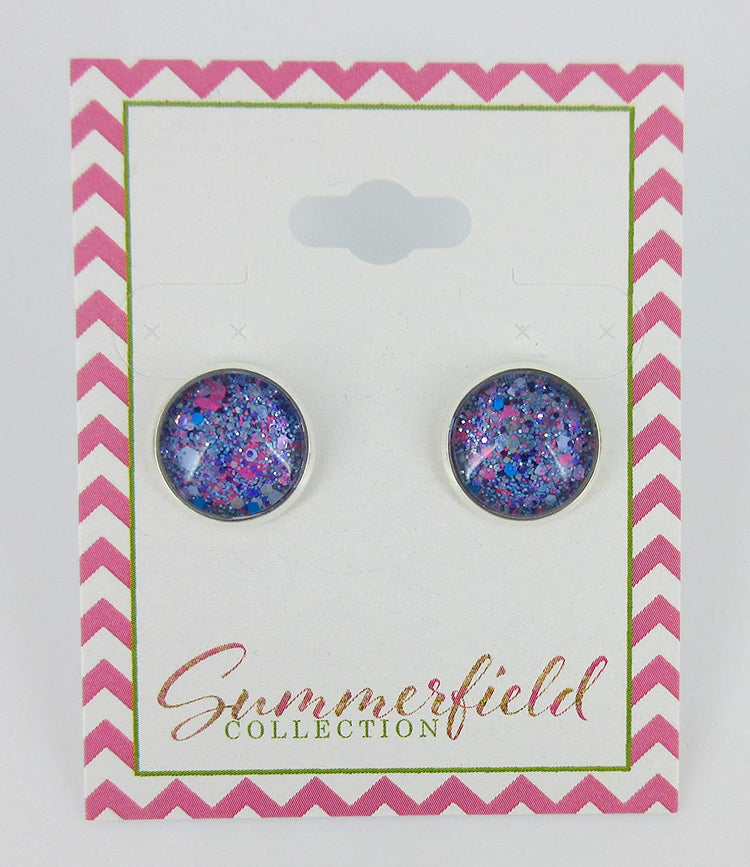 Silver-tone Gray Neon Pink Aqua Blue and Purple Glitter Glass Stud Earrings Hand-painted 12mm